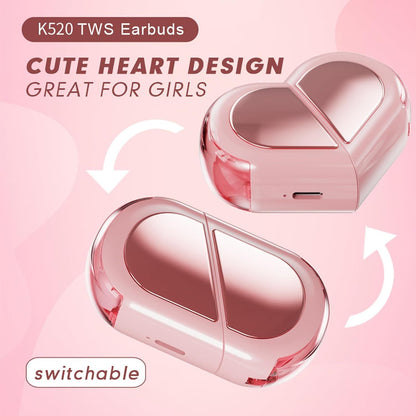Pink Heart Design Wireless Earphones for Girls